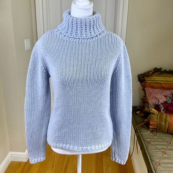 White & Warren Sweater Turtleneck Chunky Knit Cotton Blend Pale Blue (M) - Picture 1 of 8